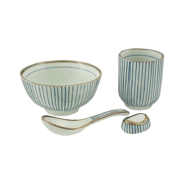 Blue Striped 4pc Dinnerware Set - Bowl, Asian Soup Spoon, Spoon Rest, and Tea Cup