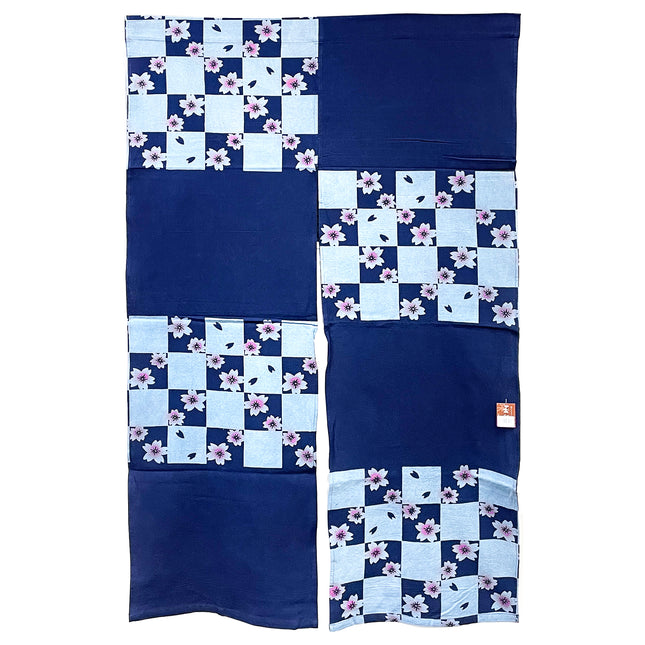 Checkered Flowers Noren Furoshiki Curtain - Blue