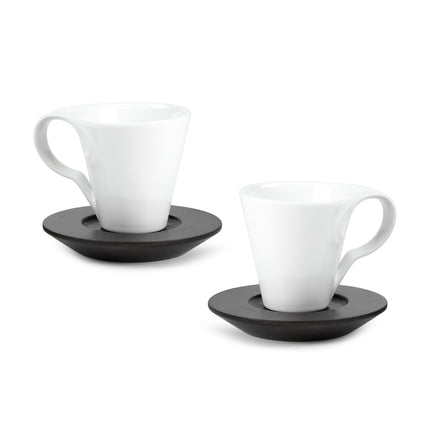 White Ceramic Teacup & Wood Saucer Set