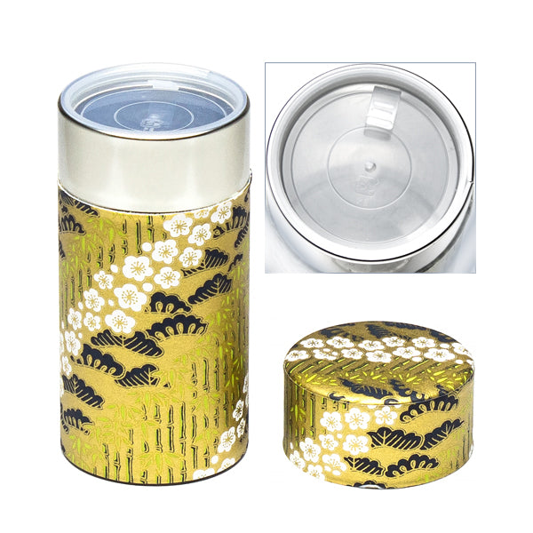 Floral Bush Print Tin Tea Canister Storage 6"H - Gold