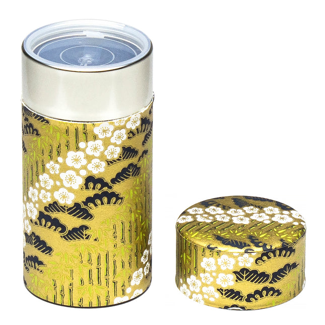 Floral Bush Print Tin Tea Canister Storage 6"H - Gold