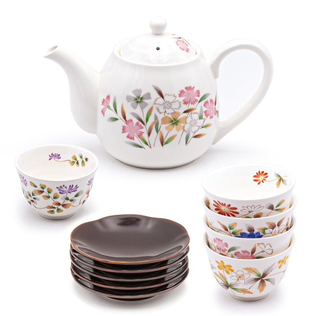 Ceramic Tea Pot and Cup Set Flower Pattern - White