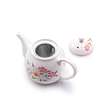 Ceramic Tea Pot and Cup Set Flower Pattern - White