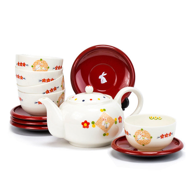 Sorriso Club Porcelain Rabbit Tea Set Teacup, Saucer, Teapot Set - serving for 5