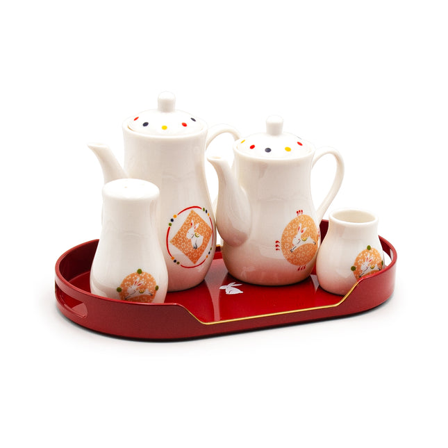 Japanese Sauce Dispenser Set with Tray - Rabbit, Flower Pattern