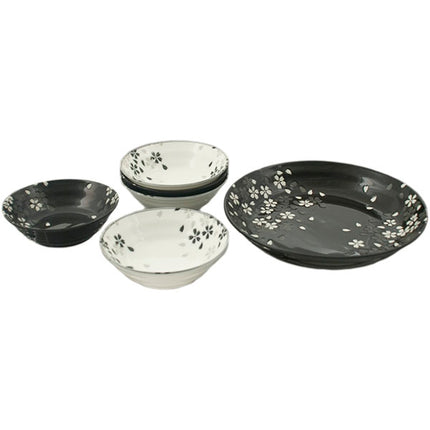 Japanese Black & White Sakura Flower Bowl Plate Set