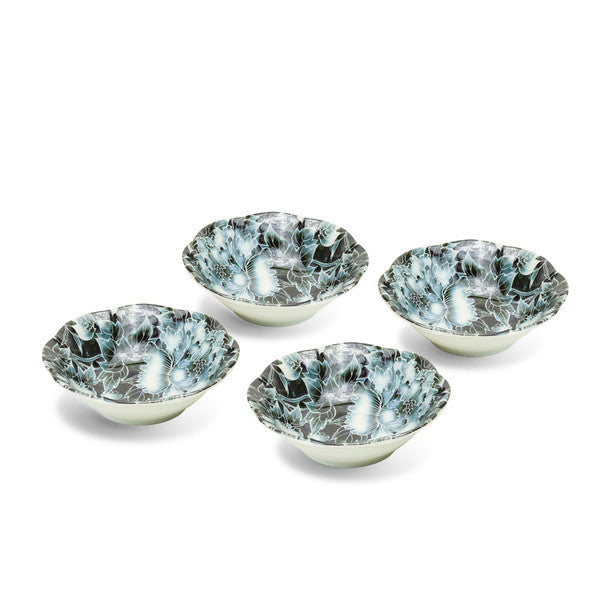 Black-Blue Monochrome Peony Bowl Set - 4pcs