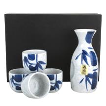 Japanese Sake Set Blue Bamboo Pattern - White