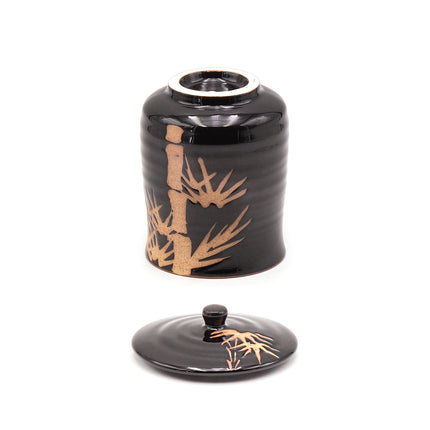 Black Ceramic Cup with Lid – Bamboo Design 3.5"D x 4.5"H