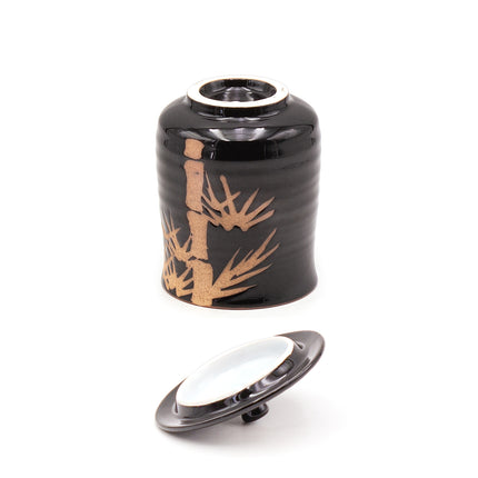 Black Ceramic Cup with Lid – Bamboo Design 3.5"D x 4.5"H