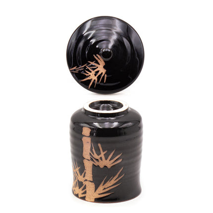 Black Ceramic Cup with Lid – Bamboo Design 3.5"D x 4.5"H