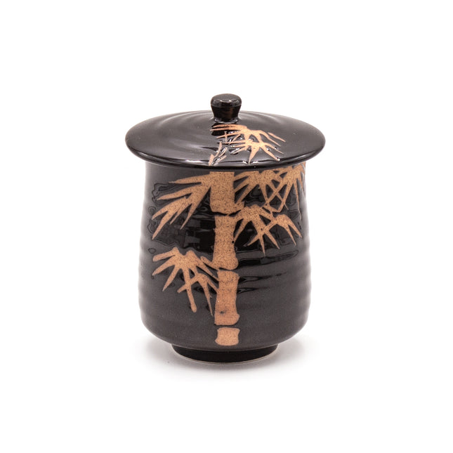 Black Ceramic Cup with Lid – Bamboo Design 3.5"D x 4.5"H