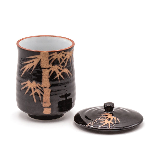 Black Ceramic Cup with Lid – Bamboo Design 3.5"D x 4.5"H