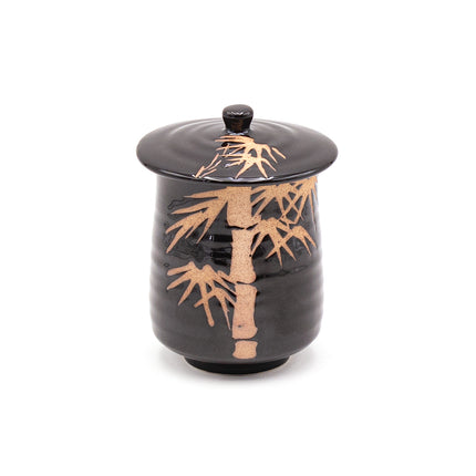 Black Ceramic Cup with Lid – Bamboo Design 3.5"D x 4.5"H