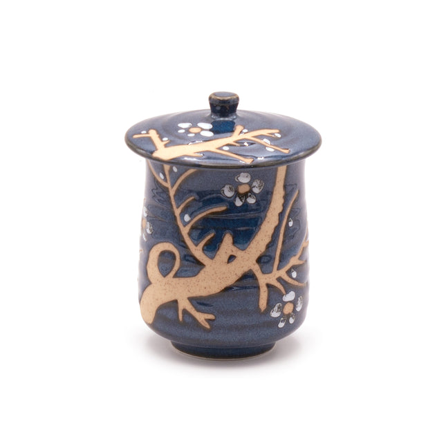 Dark Blue Ceramic Cup with Lid – Cherry Blossom Tree Design 3.5"D x 4.5"H