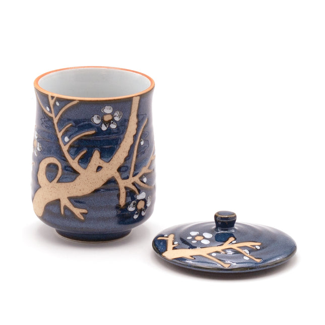 Dark Blue Ceramic Cup with Lid – Cherry Blossom Tree Design 3.5"D x 4.5"H