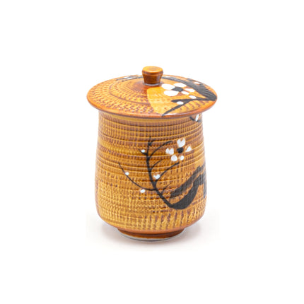 Brown Ceramic Cup with Lid – Cherry Blossom Tree Design 3.5"D x 4.5"H