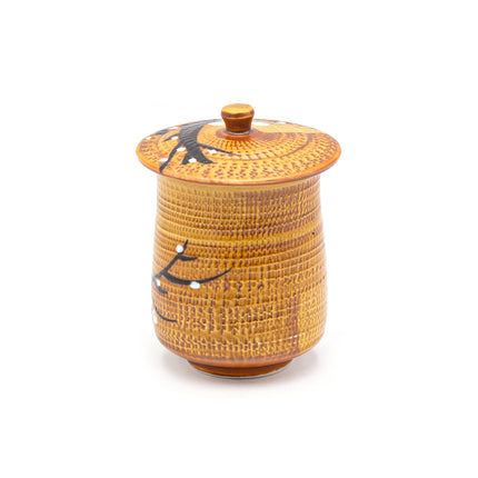 Brown Ceramic Cup with Lid – Cherry Blossom Tree Design 3.5"D x 4.5"H