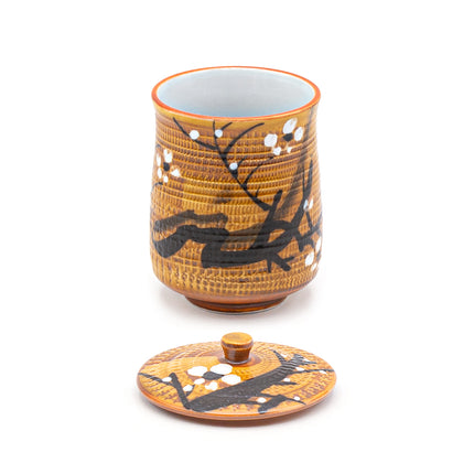 Brown Ceramic Cup with Lid – Cherry Blossom Tree Design 3.5"D x 4.5"H