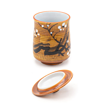Brown Ceramic Cup with Lid – Cherry Blossom Tree Design 3.5"D x 4.5"H