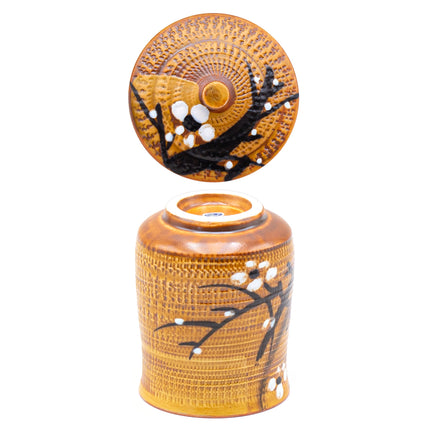 Brown Ceramic Cup with Lid – Cherry Blossom Tree Design 3.5"D x 4.5"H