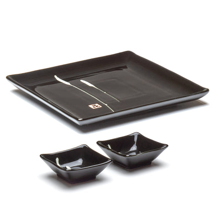 Japanese Glazed Black Plate with Sauce Bowls