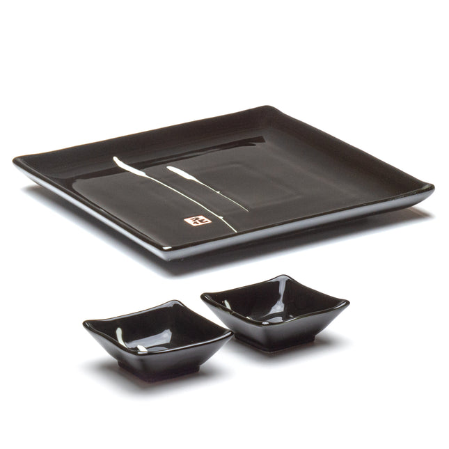 Japanese Glazed Black Plate with Sauce Bowls