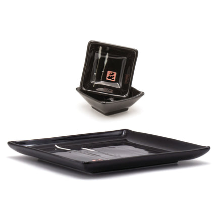 Japanese Glazed Black Plate with Sauce Bowls