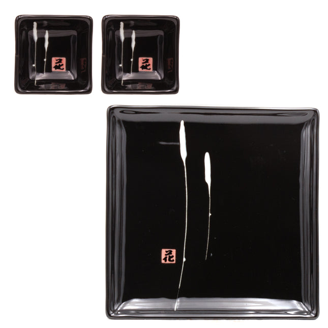 Japanese Glazed Black Plate with Sauce Bowls