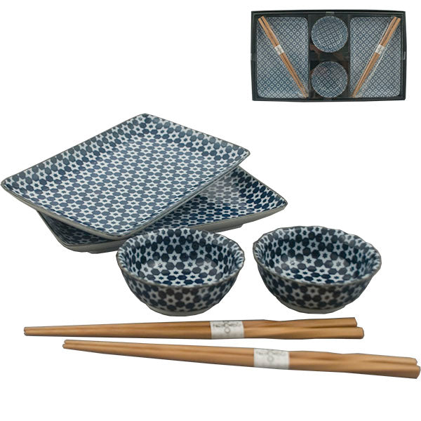 Blue Moon Flower Plates, Bowls, and Chopsticks 6pc Sushi Serving Set