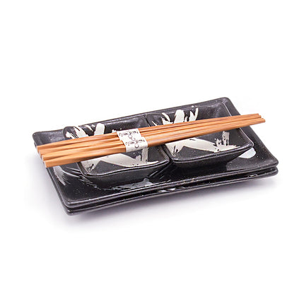 Japanese Ceramic Sushi Plate with Chopstick Set of 2 - White Brush Pattern