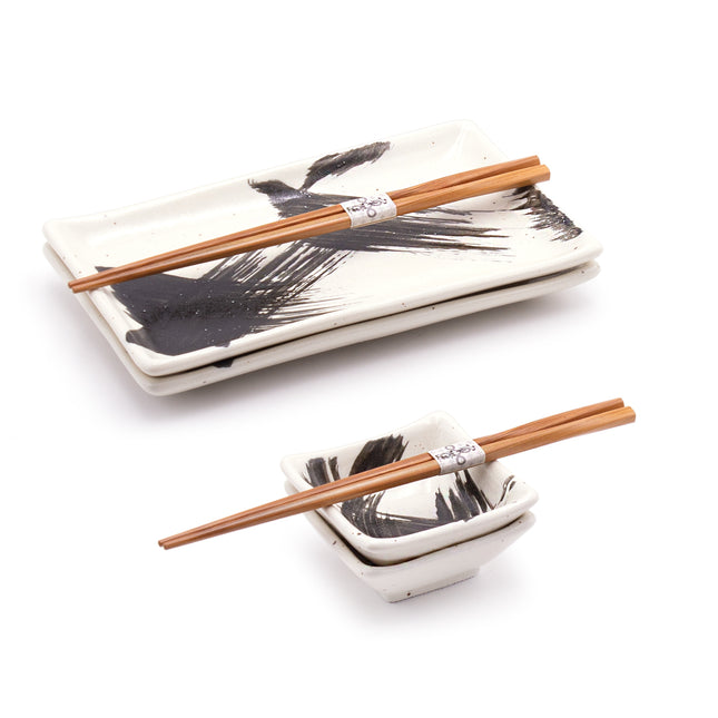 Japanese Ceramic Sushi Plate with Chopstick Set of 2 - Black Brush Pattern