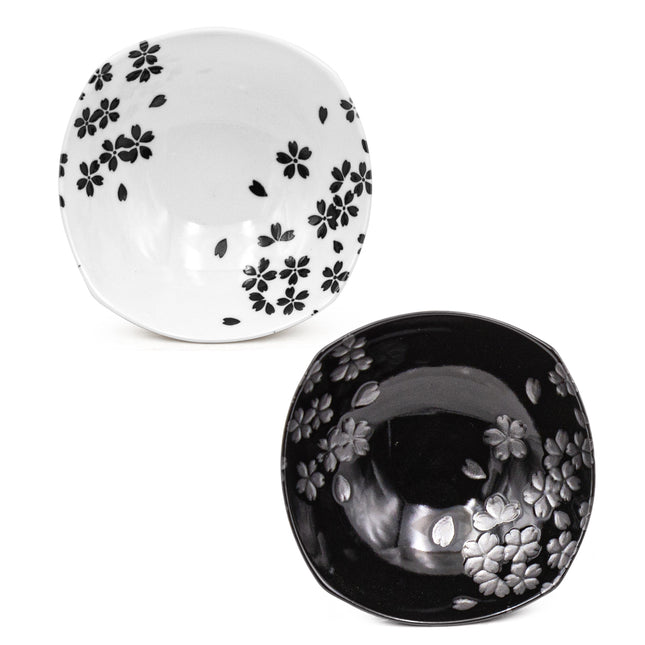 Japanese Flower Pattern Small Plate Set of 4 - Black, White