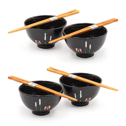 Black Rice Bowl with Chopsticks Set Of 4