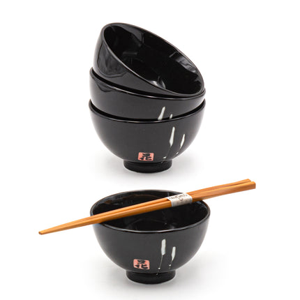 Black Rice Bowl with Chopsticks Set Of 4