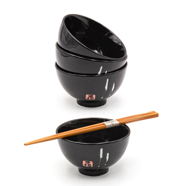 Black Rice Bowl with Chopsticks Set Of 4
