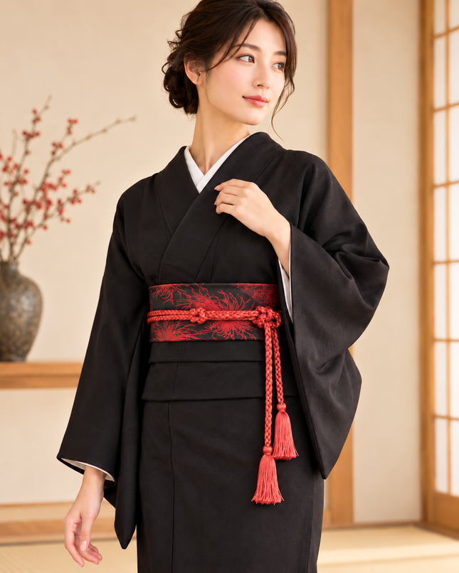 Reversible Obi Belt for Kimono - Red/Black