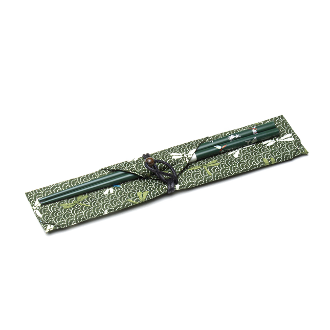 Dragonfly Wooden Chopstick with Foldable Pouch Bag - Green