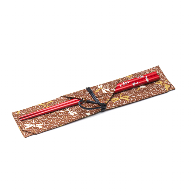 Dragonfly Wooden Chopstick with Foldable Pouch Bag - Red