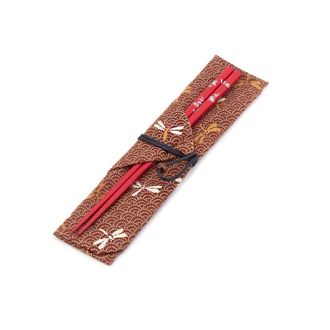 Dragonfly Wooden Chopstick with Foldable Pouch Bag - Red