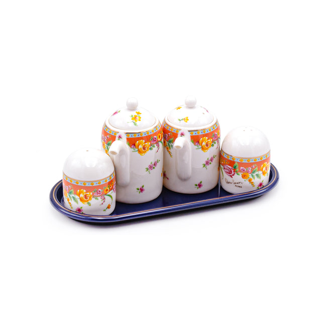 Japanese Sauce Dispenser Set with Tray - Orange Floral Pattern