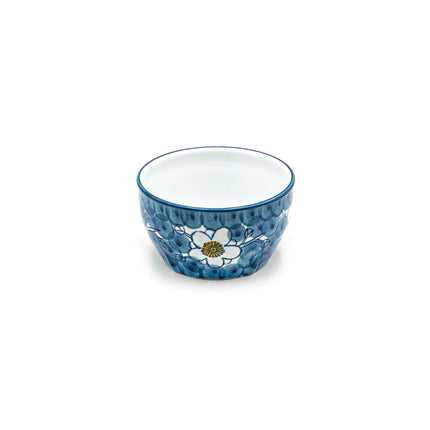 White Flower on Blue Round Ceramic Bowl 4.25"D Set of 2