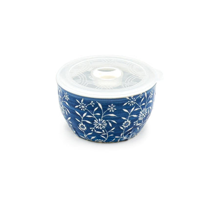 Blue Floral Round Ceramic Bowl with Lid 4.25"D