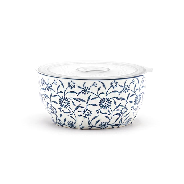 Blue Floral on White Round Bowl with Lid 5"D