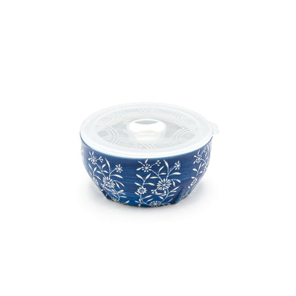 White Floral on Blue Round Bowl with Lid 5"D