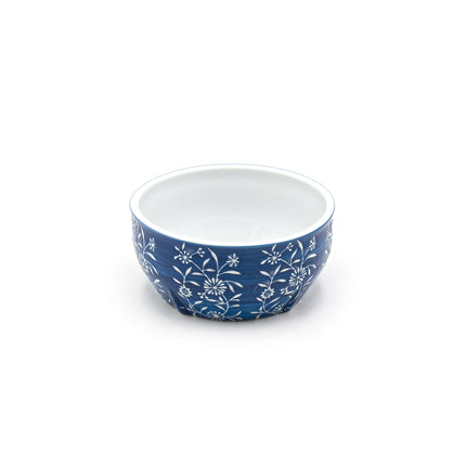 White Floral on Blue Round Bowl with Lid 5"D