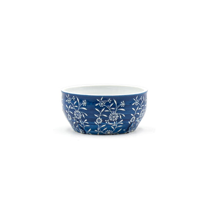 White Floral on Blue Round Bowl with Lid 5"D