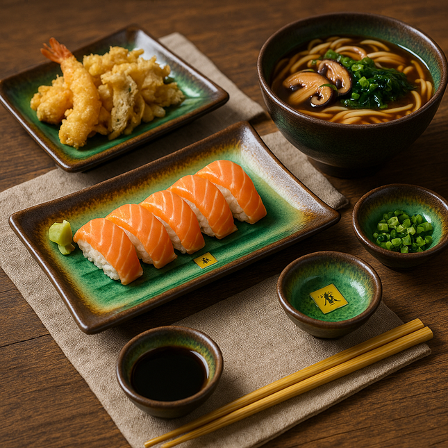 Ceramic Sushi Plate Set for 2 - Green/Brown