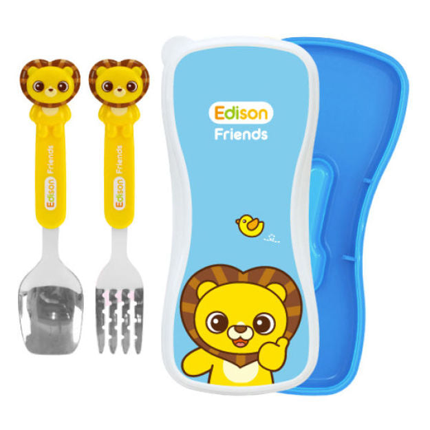 Kid Spoon & Fork with Case Set Edison Friends Lion Set Yellow Blue