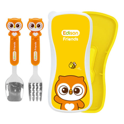 Kid Spoon & Fork with Case Set Edison Friends Owl Set Yellow Orange Stainless Steel